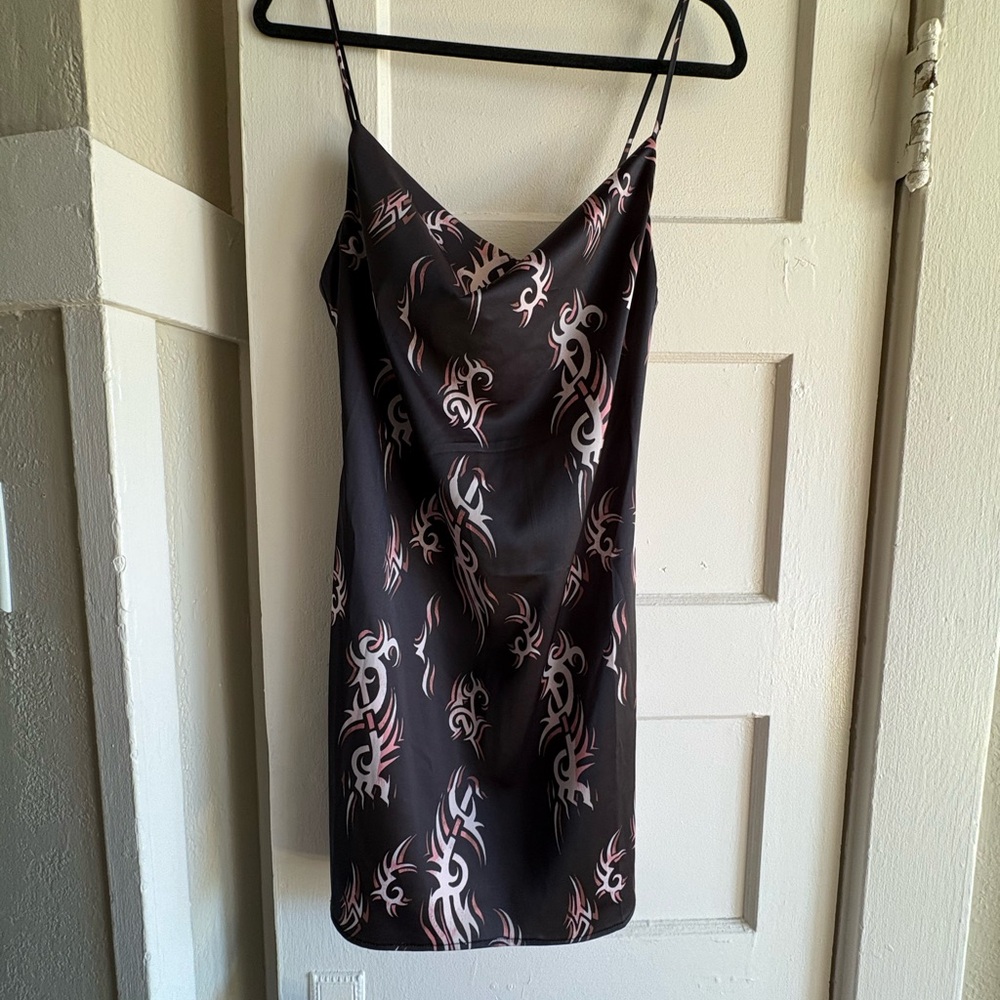 Urban Outfitters Black Slip Dress with Pink and Cream Abstract Print